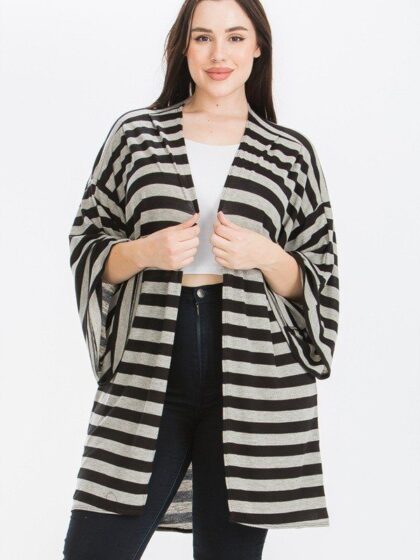 Striped, Cardigan With Kimono Style Sleeves