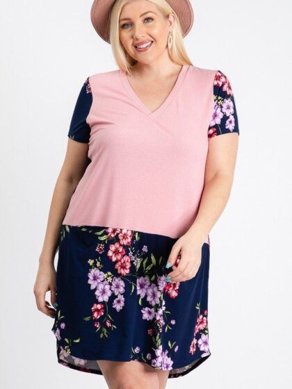 Short Sleeve Floral Blocked Midi Dress With Front Pocket