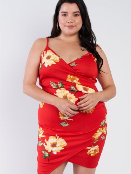 Plus Size Floral Print V-neck Cinched Size Chic Mini Dress