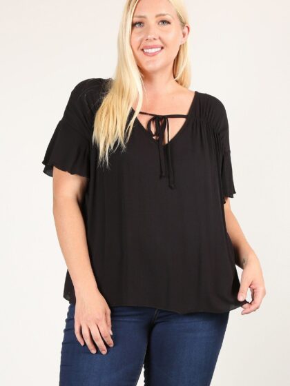 Plus Size Solid Top With A Necktie, Pleated Detail, And Flutter Sleeves