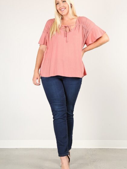 Plus Size Solid Top With A Necktie, Pleated Detail, And Flutter Sleeves