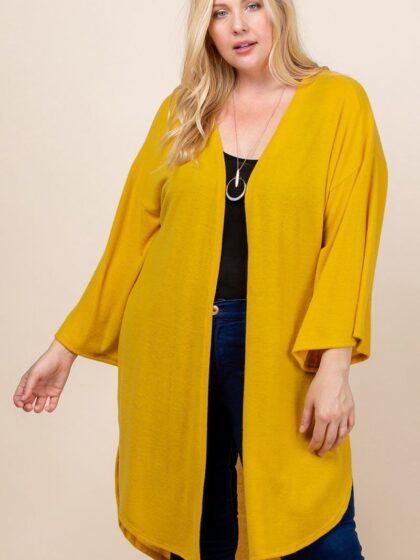 Plus Size Solid Hacci Brush Open Front Long Cardigan With Bell Sleeves