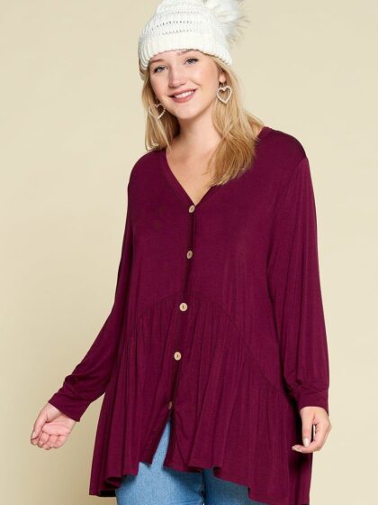 Plus Size Solid Heavy Rayon Modal Jersey Faux Button Up