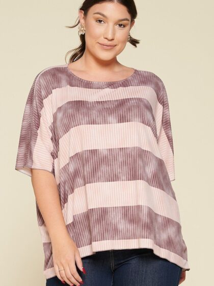 Stripe Printed Pleated Blouse Featuring A Boat Neckline And 1/2 Sleeves
