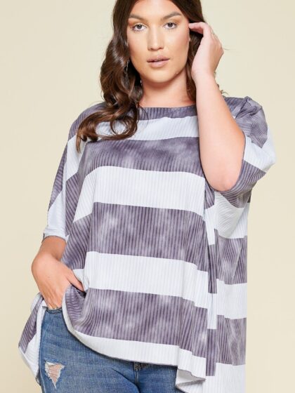 Stripe Printed Pleated Blouse Featuring A Boat Neckline And 1/2 Sleeves