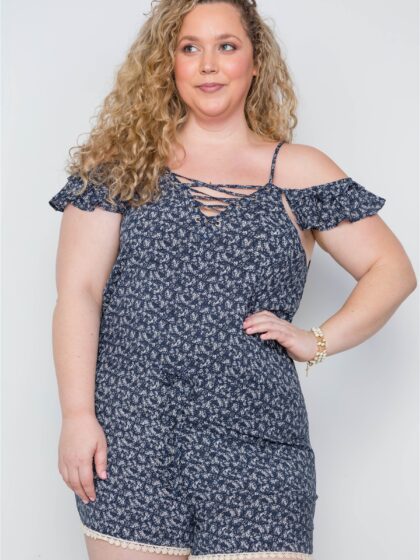 Plus Size Navy Floral Print Lace Up Romper