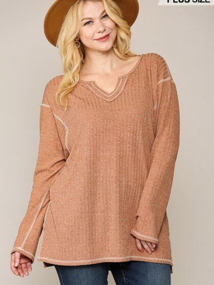 Two-tone Ribbed Tunic Top With Side Slits