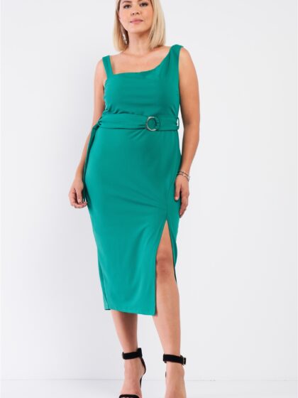 Plus Sleeveless Asymmetrical Shoulder Front Slit Detail Belted Dress
