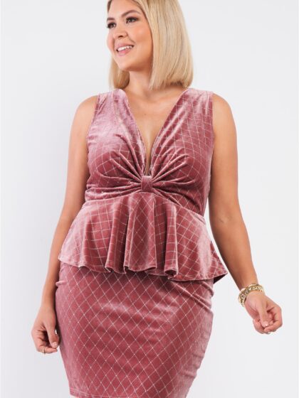 Quilted Glitter Print Sleeveless Bow Gathered Plunging V-neck Flare Hem Fitt...