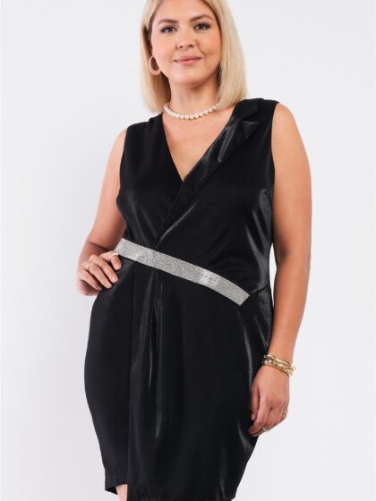 Sleeveless V-neck Asymmetrical Wrap Rhinestones Detail Fitted Mini Blazer Dress
