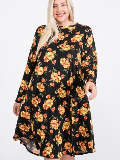 Floral Mock Neck Hidden Pocket Round Hem Midi Dress