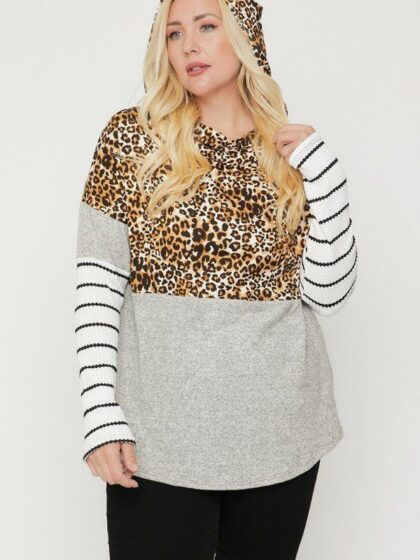 Plus Size Color Block Hoodie Featuring A Cheetah Print