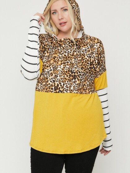 Plus Size Color Block Hoodie Featuring A Cheetah Print