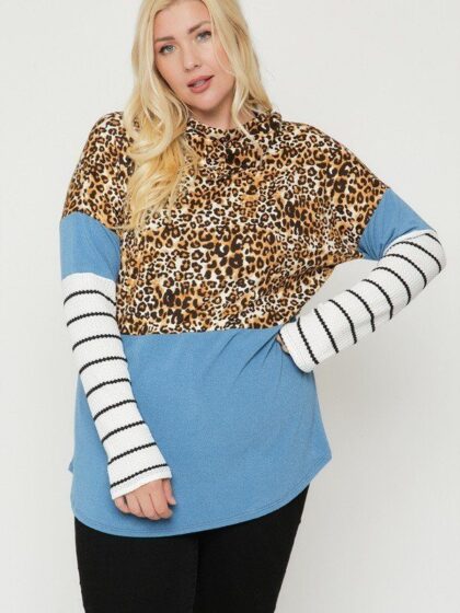 Plus Size Color Block Hoodie Featuring A Cheetah Print