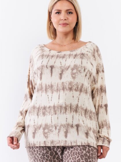 Plus Ivory Acid Wash Print Bateau Neck Relaxed Fit Long Sleeve Top