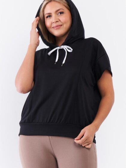 Black Short Wing Sleeve Relaxed Fit White Draw String Tie Hood Detail Top