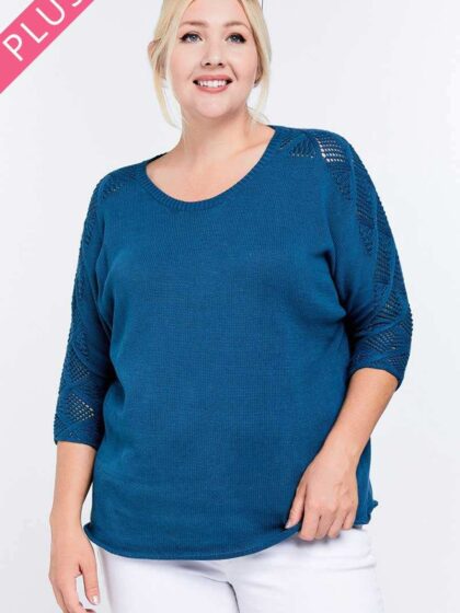 Solid Round Neck 3/4 Sleeve Sweater Top