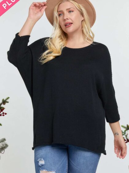 Solid Round Neck 3/4 Sleeve Sweater Top