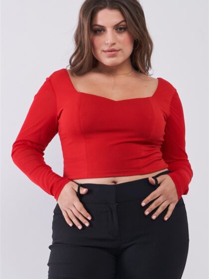 Plus Size Crimson Red Long Mesh Sleeve Sweetheart Neck Detail Structured Cro...