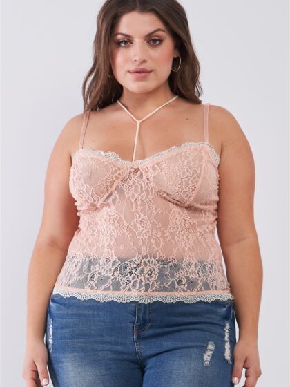 Plus Size Sleeveless Sheer Lace Halter Neck Detail Bustier Top