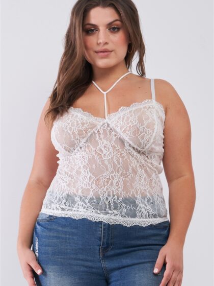 Plus Size Sleeveless Sheer Lace Halter Neck Detail Bustier Top