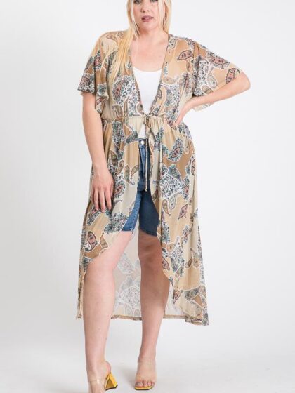 Short Sleeves Long-line Printed Mesh Open Cardigan