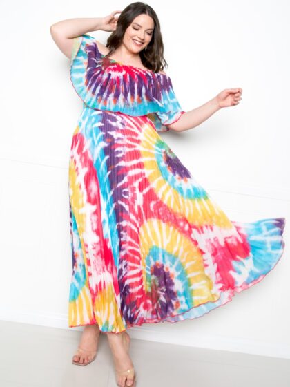 Tie Dye Off Shoulder Pleated Maxi Dress