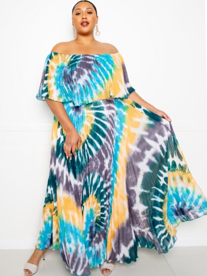 Tie Dye Off Shoulder Pleated Maxi Dress