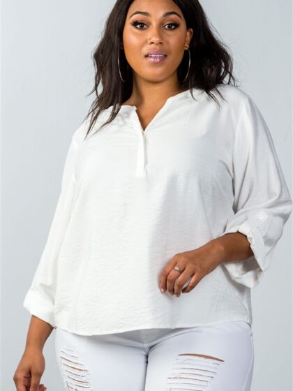 Plus Size Oatmeal Stand-up Collar Roll Tab Sleeve Blouse