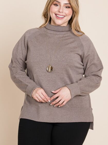 Plus Size High Quality Buttery Soft Solid Knit Turtleneck Two Tone High Low ...
