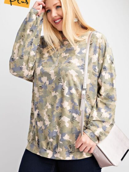 Plus Size Long Sleeve Distressed Printed Rayon Pullover Top