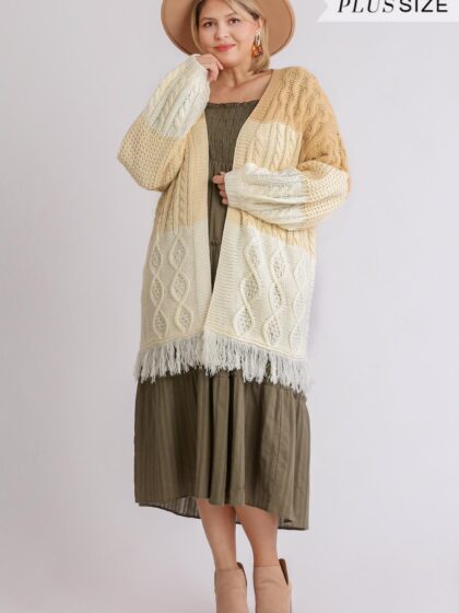 Patchwork Knitted Open Front Cardigan Sweater With Frayed Hem