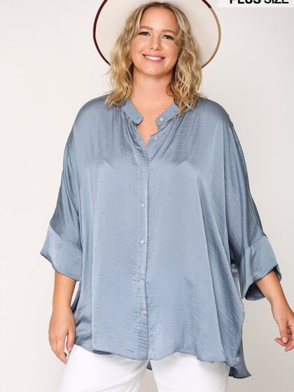 Washed Satin Button Down Loose Fit Top With Hi-lo Hem