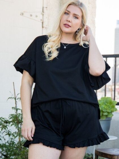 Round Neck Ruffle Sleeve Side Slit French Terry Top