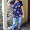 Plus Floral Print & Ribbed Black Colorblock Top - Image 2