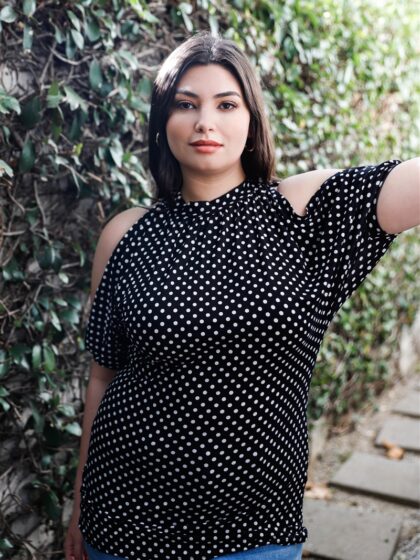 Plus Polka Dot Cold Shoulder Short Sleeve Back Self-tie Top
