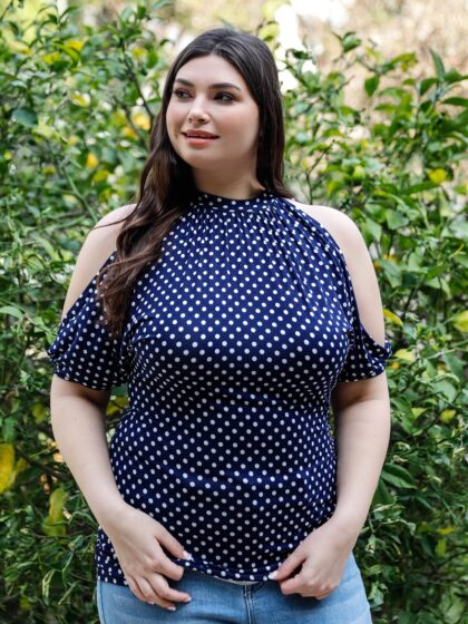 Plus Polka Dot Cold Shoulder Short Sleeve Back Self-tie Top