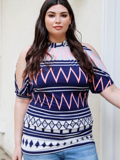 Plus Polka Dot Cold Shoulder Short Sleeve Back Self-tie Top