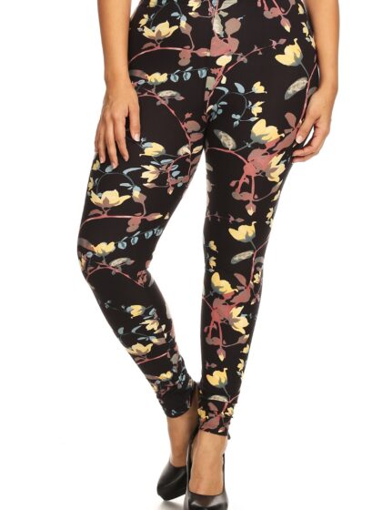 Plus Size Floral Print, Full Length Leggings In A Slim Fitting Style With A ...