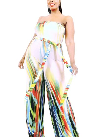 Plus Off Shoulder Color Brushed Tie Waist Jumpsuit