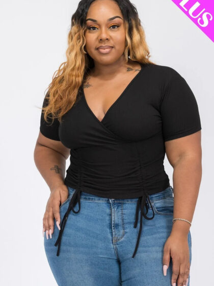 Plus Ribbed Ruched Drawstring Surplice Top