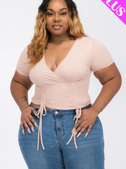 Plus Ribbed Ruched Drawstring Surplice Top
