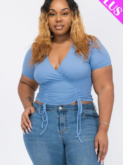 Plus Ribbed Ruched Drawstring Surplice Top