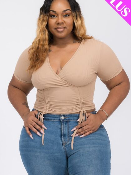 Plus Ribbed Ruched Drawstring Surplice Top