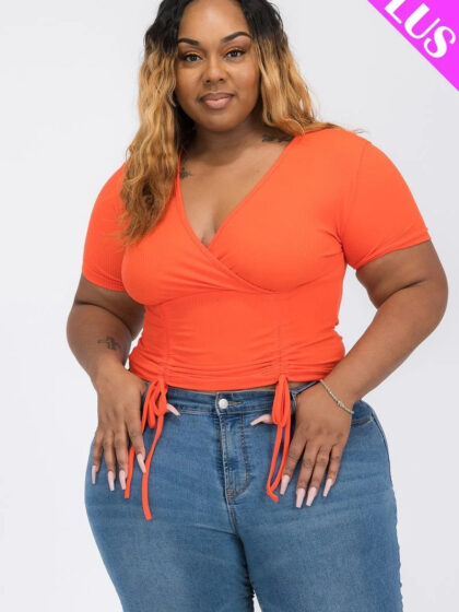 Plus Ribbed Ruched Drawstring Surplice Top