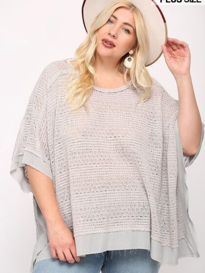 Light Knit And Woven Mixed Boxy Top With Poncho Sleeve