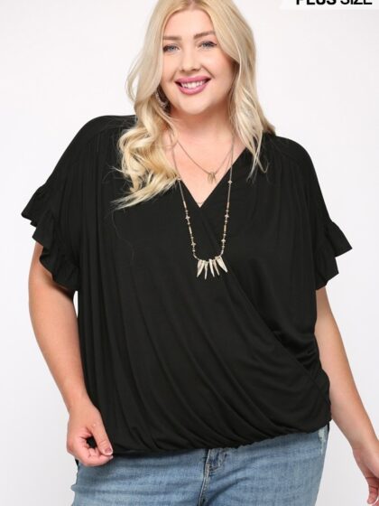Solid Viscose Knit Surplice Top With Ruffle Sleeve