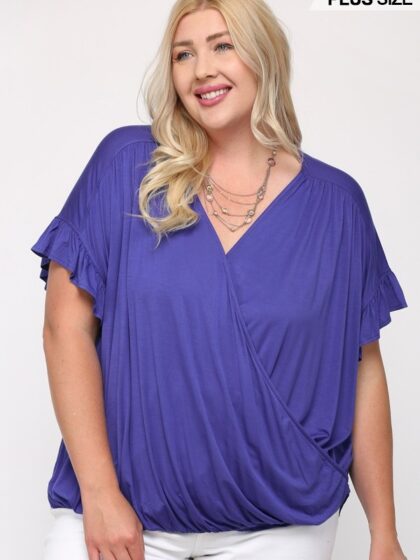 Solid Viscose Knit Surplice Top With Ruffle Sleeve