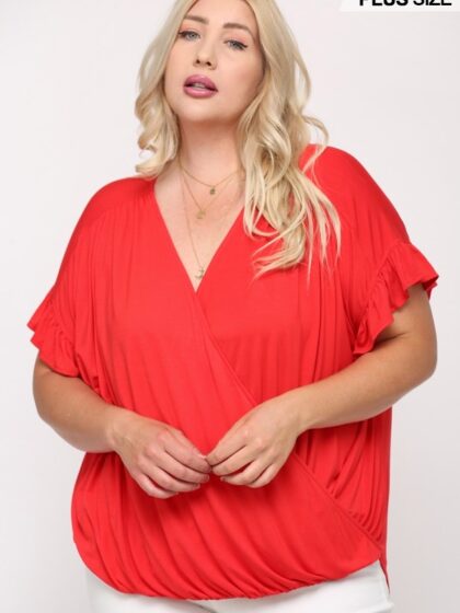 Solid Viscose Knit Surplice Top With Ruffle Sleeve