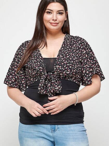 Plus Size Ditsy Floral Print Cropped Bolero Cardigan